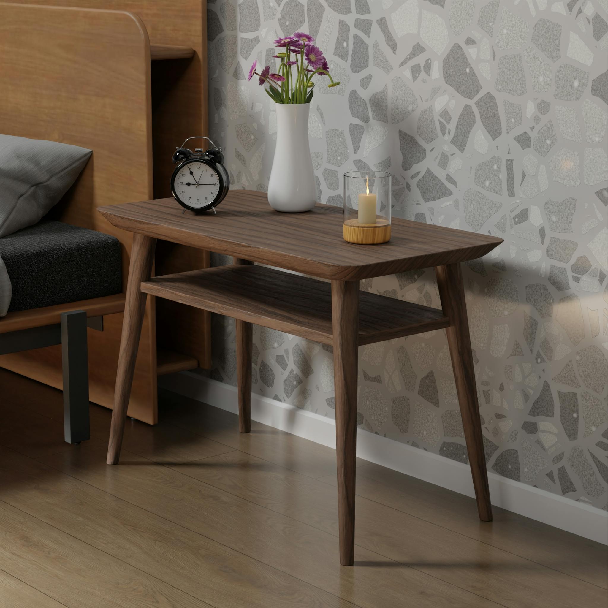 Contemporary bedroom nightstand with clock, vase, and candle for elegant decor.