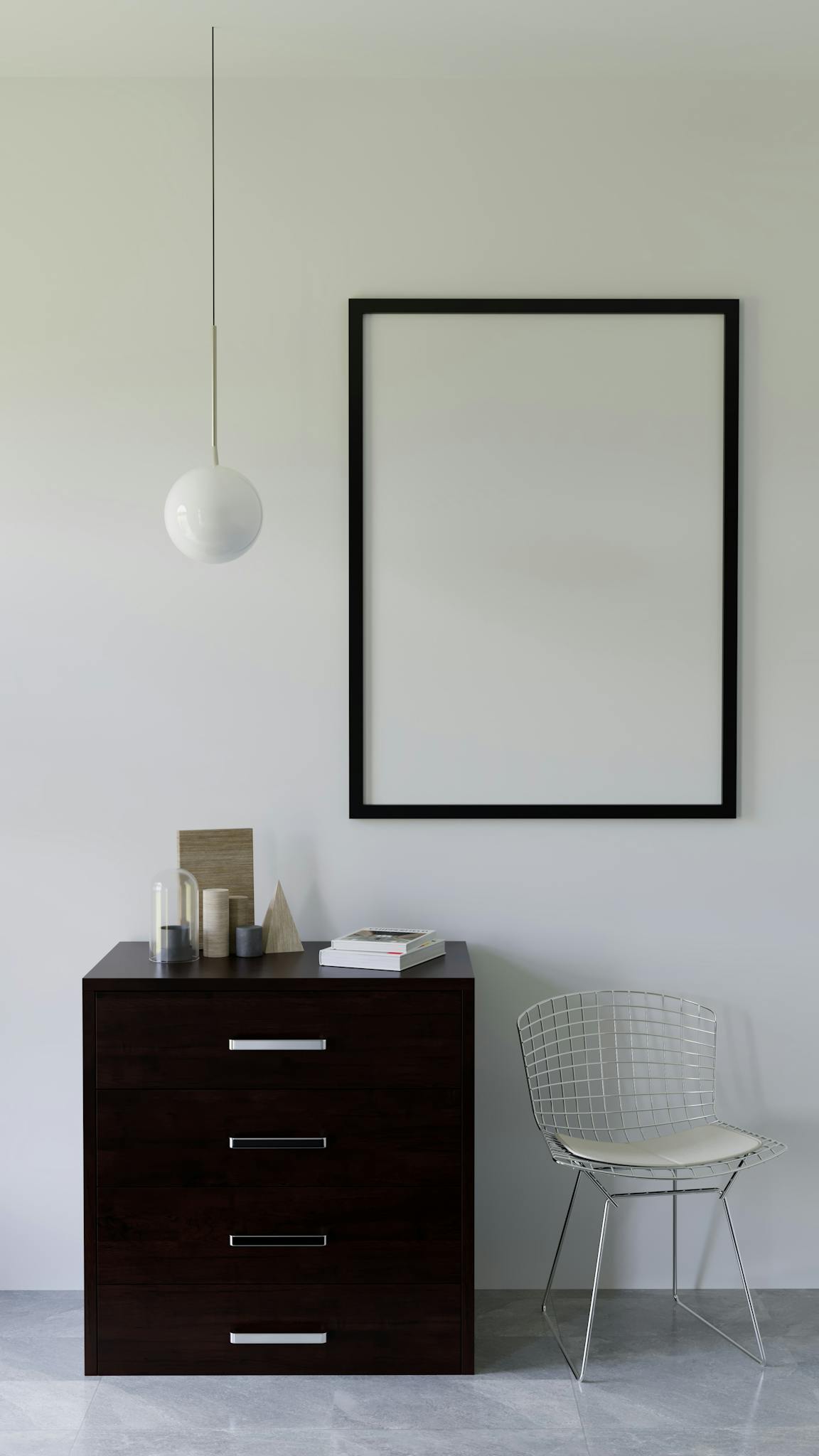 Minimalist interior design with empty black frame and elegant furnishings.