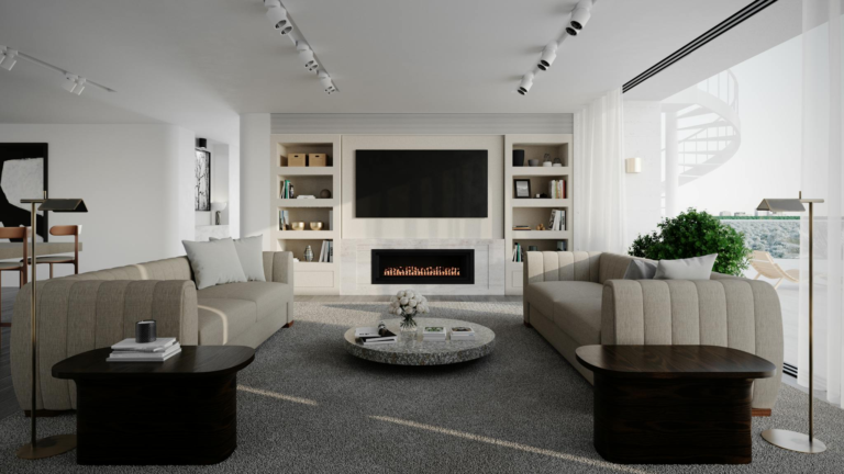Spacious living room with modern decor, featuring neutral tones and stylish furniture.